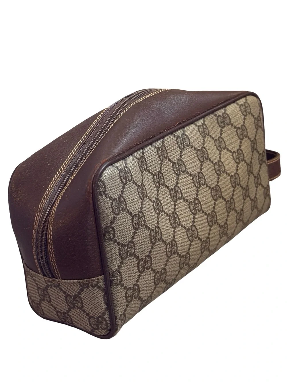 Vintage Gucci GG Supreme Monogram Toiletry Pouch Cosmetic Case Brown Leather Tri